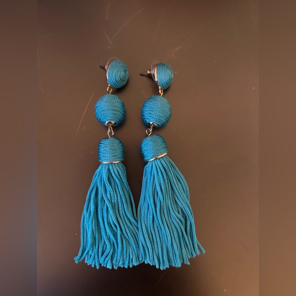 BaubleBar Sugarfix blue and gold tassel earrings